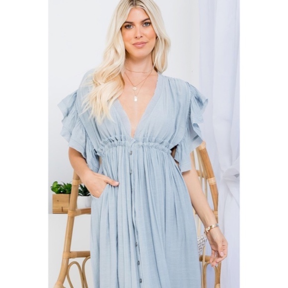SOLD OUT Misty Blue Gauze Boho Button Short Slv Deep V Woven Gathered Maxi Dress - Picture 5 of 7